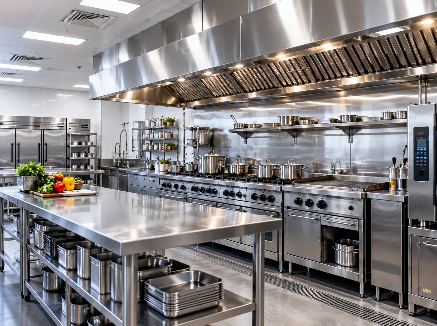 Stainless steel commercial kitchen setup